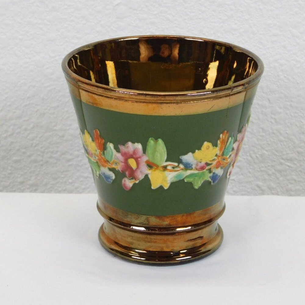 Copper Lusterware Floral Design Beaker Pudding Cup Antique 4" mid 1800's FLAW - Picture 4 of 10